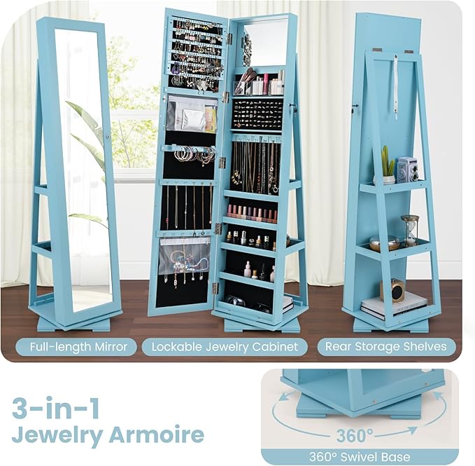 360° Swivel LED Mirror Jewelry Cabinet with Full Length Mirror, Lockable Floor Standing Mirrored Jewelry Armoire Organizer w/Inside Makeup Mirror & Back Storage Shelves, Space-Saving (Sky Blue)