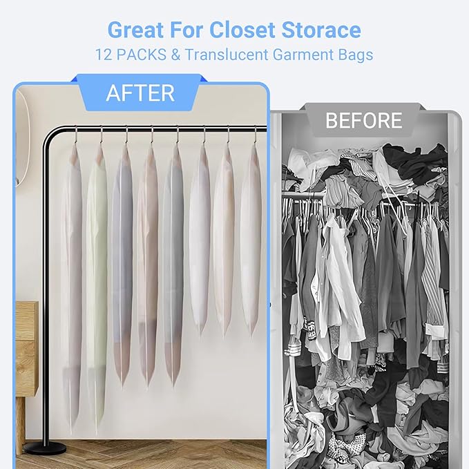 Garment Bags for Hanging Clothes (24''X48'' Set of 12) Suit Bags for Closet Storage Plastic Waterproof Suit Cover Bags with Zipper for Suit, Sweaters, Coat Protector Travel Closet Clothing