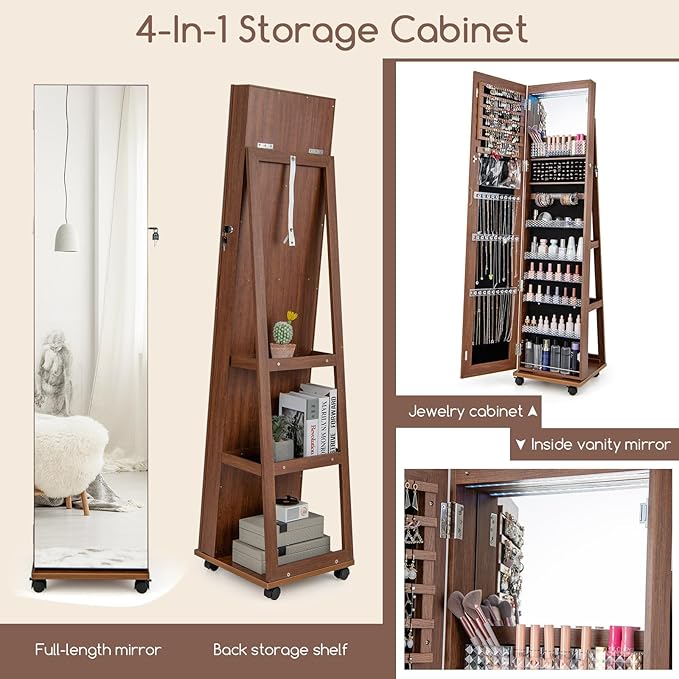 GOFLAME Jewelry Cabinet with Full Length Mirror, Lockable Jewelry Storage Organizer with Wheels, 3-Color LED Lights, Inner Mirror, Freestanding Jewelry Armoire with Rear Storage Shelves, Walnut