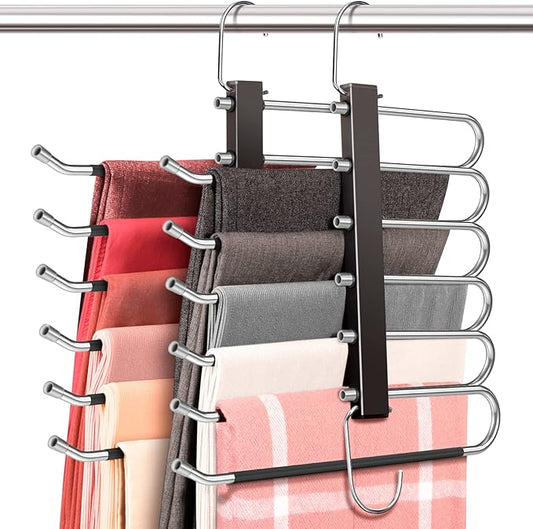 Space Saving 6 Tier Pant Hangers, Anti-Slip, Stainless Steel, 2 Pack, Black