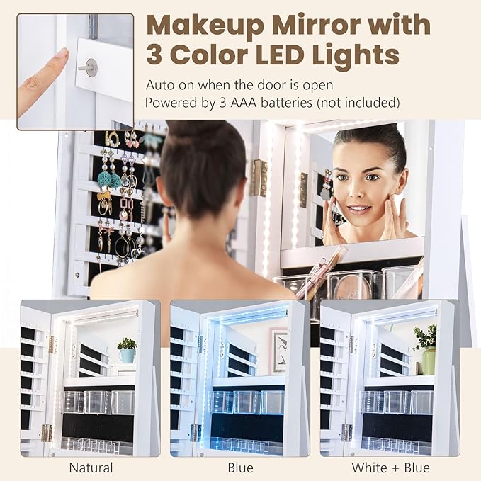 Mirror Jewelry Cabinet Standing with Full Length Mirror, 360° Swivel Jewelry Armoire with 3-Color LED Lights & Foldable Makeup Shelf, Lockable Organizer for Women, Space-Saving (White)