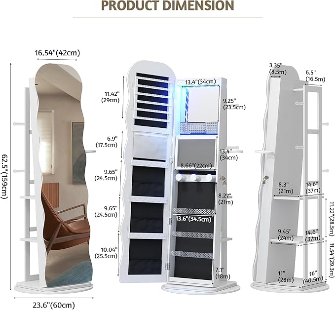 Vlsrka 360° Swivel Jewelry Aromire with Wavy Mirror, Lockable Jewelry Organizer Mirror Full Length, Rotatable Standing Mirror with Storage, Jewelry Cabinet, Interior Mirror, Flodable Shelf, White