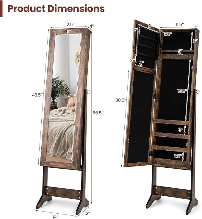 Giantex Jewelry Cabinet with Full-Length Mirror, Standing Jewelry Armoire Organizer with 64 Earring Slots, 20 Necklace Hooks, 72 Ring Slots, 4 Storage Shelves, 3 Angle Adjustable, Rustic Brown
