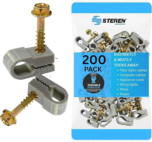 STEREN Coaxial Cable Clips - Cable Holder - Wire Clips - Siding Clips for Hanging - Cord Holder for Desk - Cable Clamps (Gray, 200 Count - Single Screw)