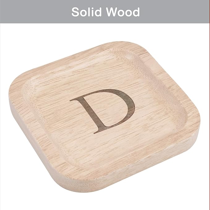 I'm Wooden Personalized Letter Catchall Valet Tray Trinket Dish Jewelry Tray Key Bowl Decorative Plate Organizing Ring Earrings Necklaces Bracelet Watch Coins Wallet Holder (6"x6" Sq Natural D)