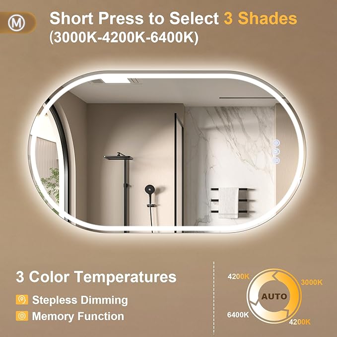 BEAUTYPEAK 36x24 LED Oval Bathroom Mirror with Lights, Anti-Fog, Dimmable, Backlit + Front Lit, Lighted Bathroom Vanity Mirror for Wall, 3 Colors, Memory Function, Tempered Glass, Shatter-Proof