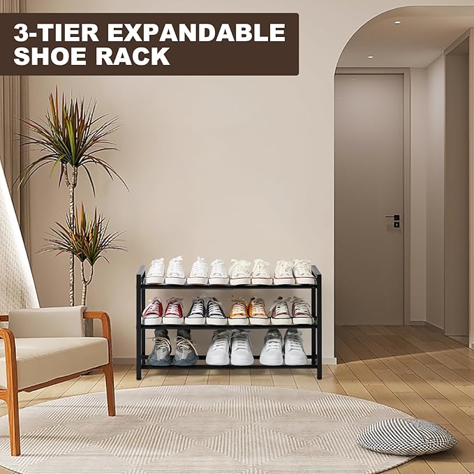SALADAYS 3-Tier Expandable Shoe Rack, Adjustable Shoe Storage Shelf Organizer, Sturdy and Durable Metal Structure Free Standing Shoe Rack for Closet Entryway Doorway(Black)