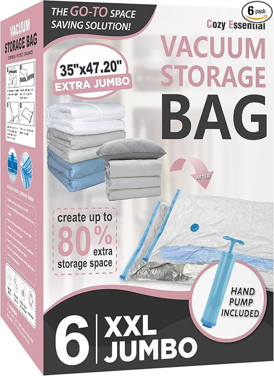 Cozy Essential 6 Pack XXL Jumbo Vacuum Storage Bags, Extra Large Vacuum Seal Bags for Comforters, Bedding, Blanket Storage, Giant Space Saver Bags for Huge Stuffed Toy(47.2x35 in)