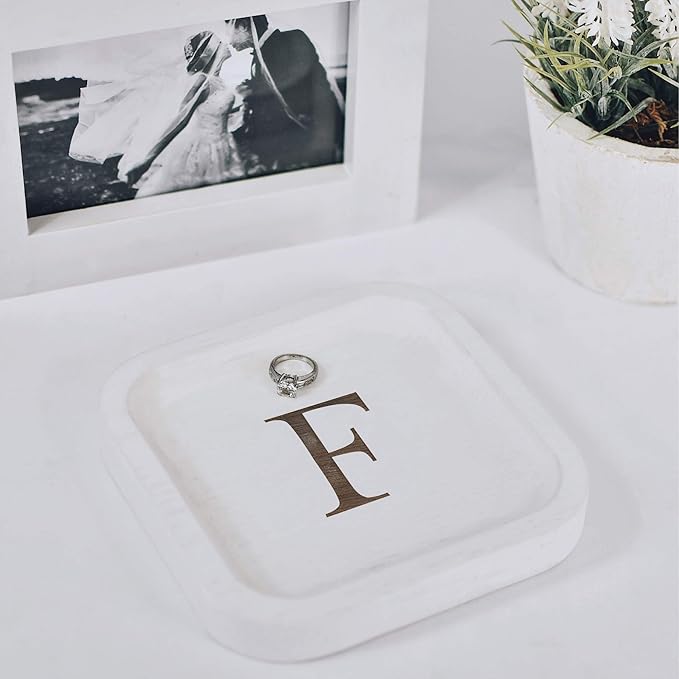I'm Wooden Personalized Letter Catchall Valet Tray Trinket Dish Jewelry Tray Key Bowl Decorative Plate Organizing Ring Earrings Necklaces Bracelet Watch Coins Wallet Holder (6"x6" Sq White F)