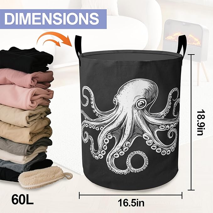Laundry Basket, Cute Octopus Oxford Cloth Laundry Hamper With Handle Foldable Portable Clothes Storage Basket Storage Bag For Laundry Room/Bathroom/Bedroom/Dormitories