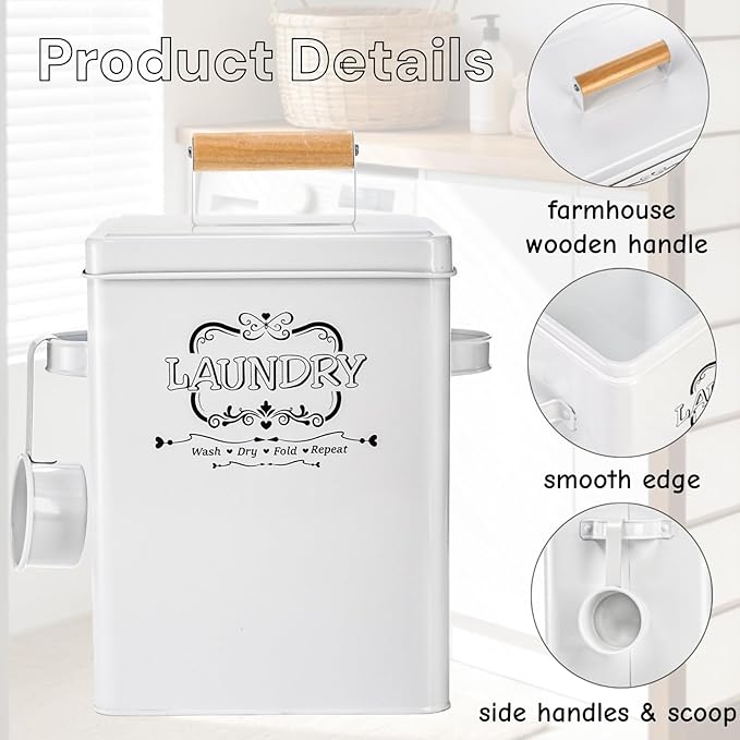 Goaste Metal Laundry Detergent Container, 100oz Modern Laundry Soap Dispenser with Scoop & Lid, Farmhouse Laundry Powder Storage Bin, White Laundry Pod Canister Tin Box for Laundry Organization