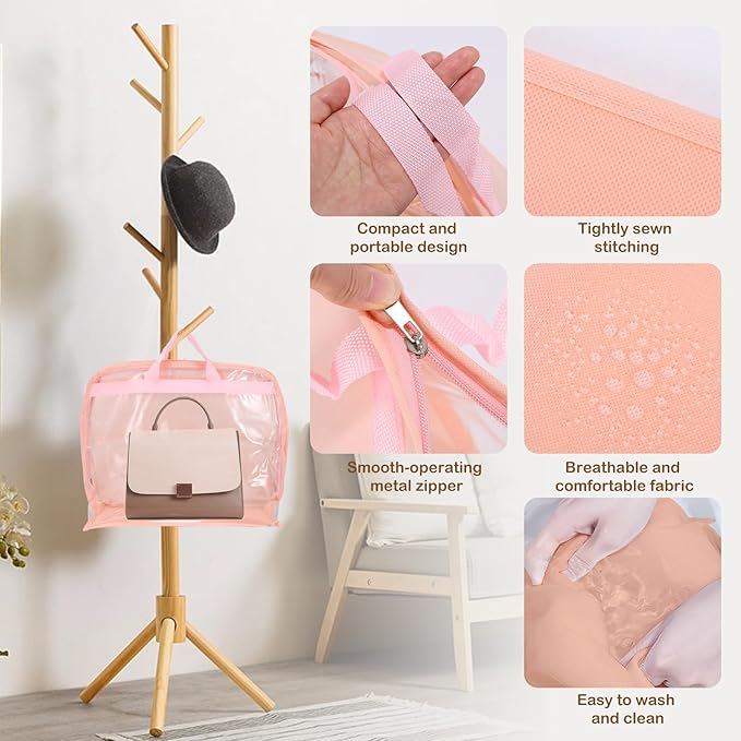 Dust Bags for Handbags - Purse Storage Organizer for Closet Moistureproof and Dustproof Cover Hanging with Zipper and Handle (Shell Pink Bag-S)