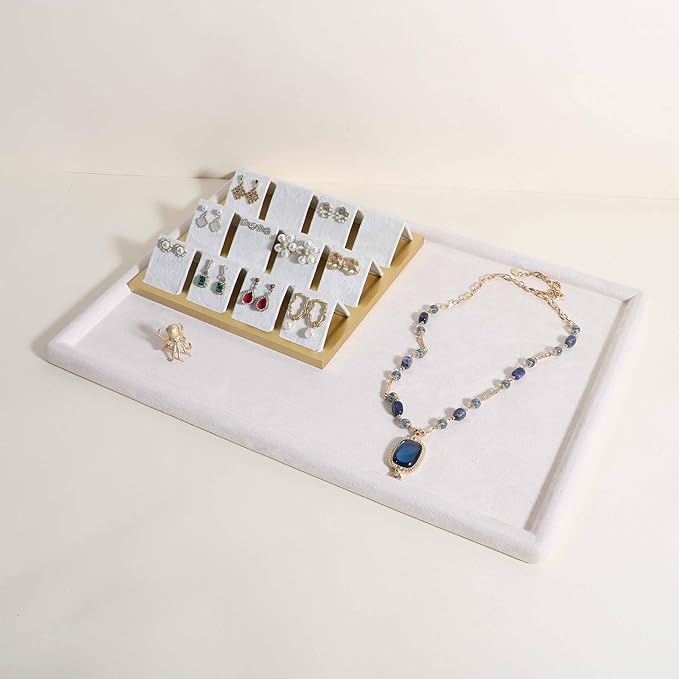Rectangle Jewelry storage organizer plate, Velvet Jewerly display tray, Empty showcase tray for Necklace Bracelet Ring Earring【Beige-Large, 17.7 x 11.8 in 】