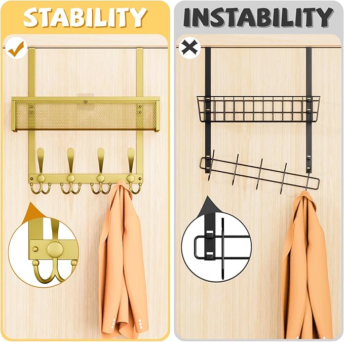 Over The Door Hooks Organizer,Over Door Hanger Towel Rack Mesh Basket with 12 Hooks,Back of Door Storage Organizer for Bedroom,Bathroom,Kitchen,Office(Gold)