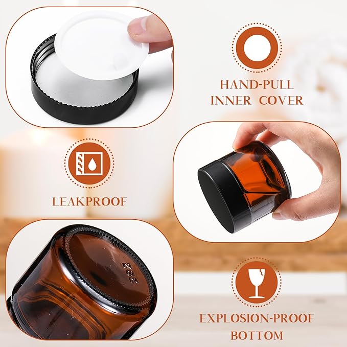 Domensi 12 Pcs 2 oz Glass Jars with Lids Travel Size Round Leakproof Empty Cosmetic Jars with Inner Liners Lid for Storing Makeup Lotions Face Cream Ointments Candle DIY Making (Amber)