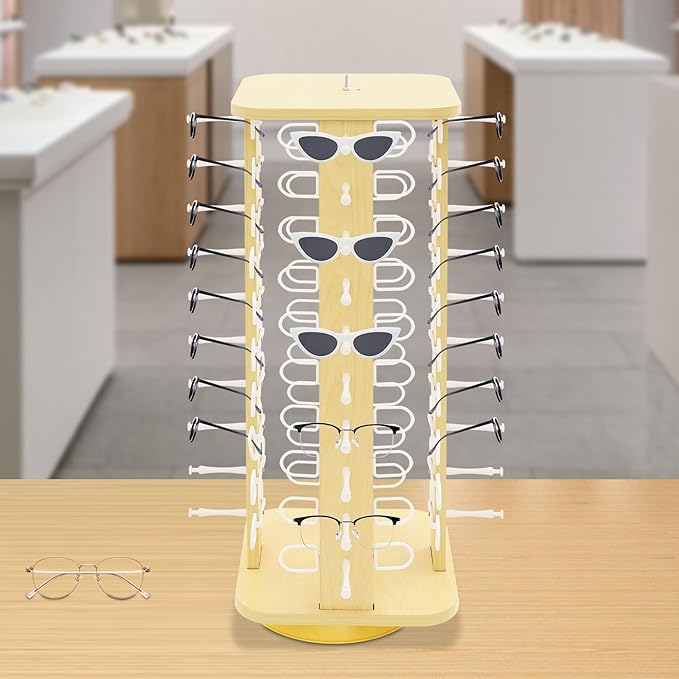 40 Pairs Glasses Rack, 360° Rotating Sunglasses Display Rack, 4-Sided Eyeglasses Storage Organizer, Eyewear Holder, Commercial Sunglasses Display Stand, Log Color