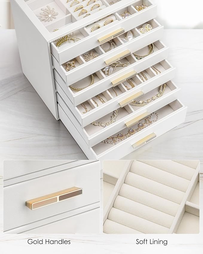 Vlando 6 Layer Jewelry Box for Women, Glass Lid Jewelry Organizer with 6 Drawers for Necklaces Rings Earrings Bracelets - White