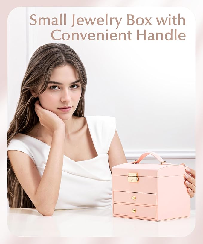 Homde Women Jewelry Box with Lock: 3 Layers Modern Organizer - Pink Storage for Ring Necklace Earring - Birthday Christmas Gifts for Girls