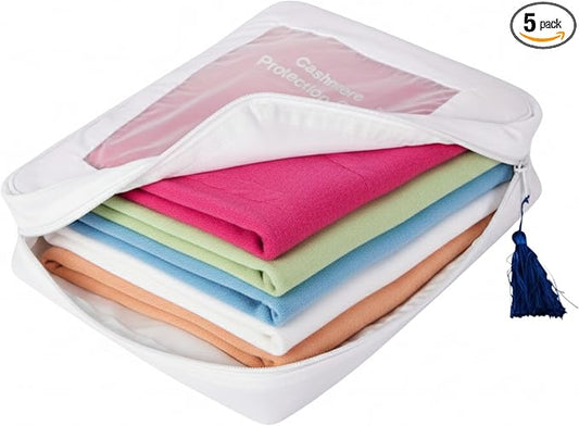 The Cashmere Choice 5 Pack Cashmere Wool Sweater Storage Bags Moth Proof – 100% Cotton Breathable Clothes Protection Pouch – XL