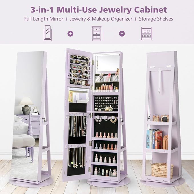 CHARMAID 360° Swivel Jewelry Armoire with Full Length Mirror, Rear Storage Shelves, Lockable Standing Jewelry Cabinet Organizer with Interior Vanity Mirror and 3-Color Lights (Lavender)