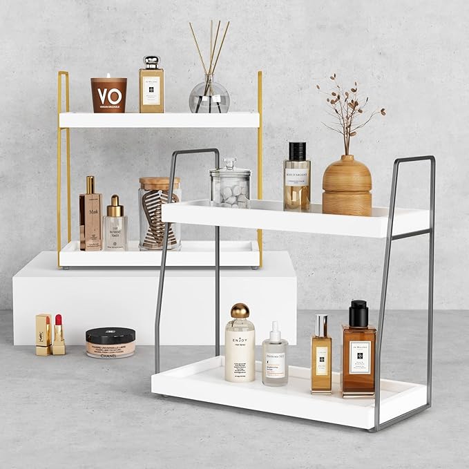 Forbena 2 Tier Bathroom Counter Organizer, White and Grey Coffee Bar Organizer for Countertop, Wood Shelf Tray for Vanity Makeup Storage, Small Kitchen Sink Top Organizers for Coffee Bar Station