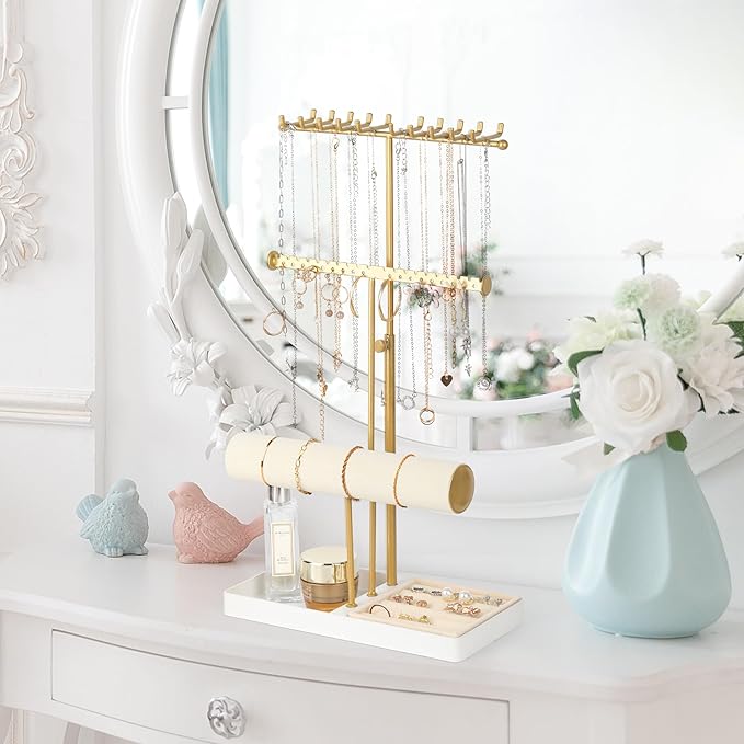 Tirzah 3-Tier Adjustable Jewelry Holder Organizer Stand with 20 Necklace Hooks, 18 Earring Holes and Notches, Bracelet Holder, 6 Ring Rolls, Jewelry Tray for Girls, Women