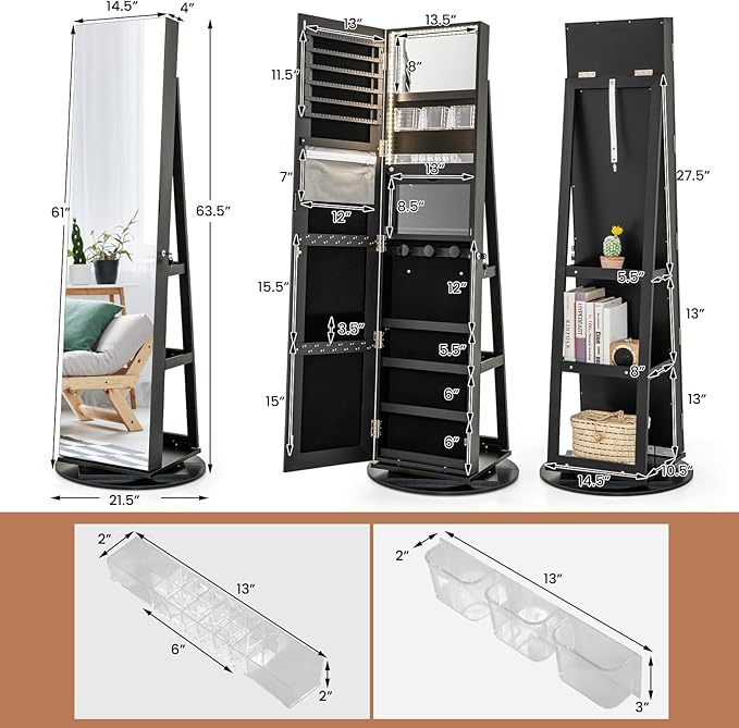 Mirror Jewelry Cabinet Standing with Full Length Mirror, 360° Swivel Jewelry Armoire with 3-Color LED Lights & Foldable Makeup Shelf, Lockable Organizer for Women, Space-Saving (Black)