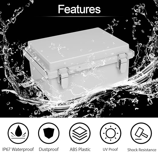 LeMotech Electrical Box, IP67 Waterproof Hinged Cover Stainless Steel Latch Junction Box, ABS Plastic Electrical Enclosure with Mounting Plate,Wall Brackets, Cable Glands, 8.2"x6.3"x3.9", Grey