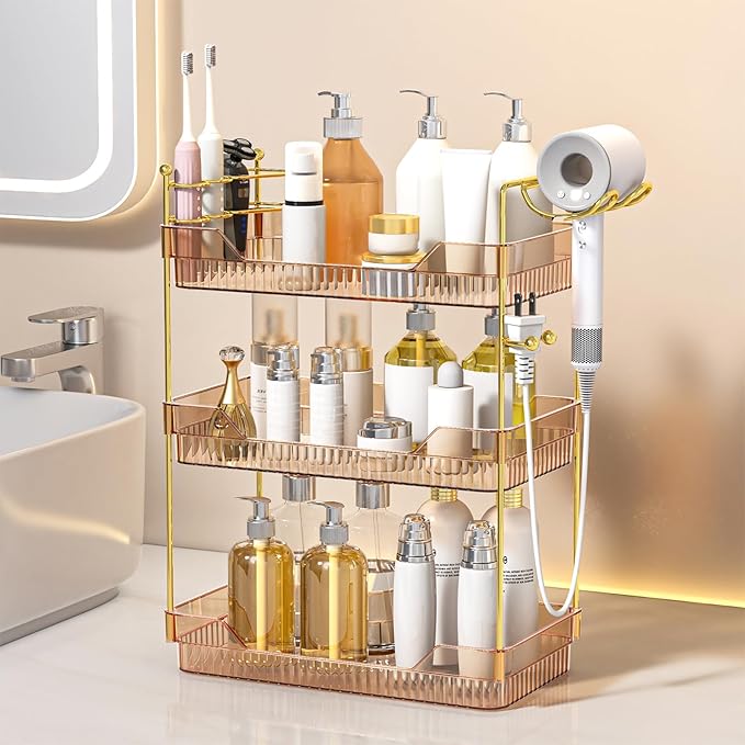 Bathroom Counter Organizer with Hair Dryer Holder and Toothbrush Holder, Acrylic Vanity Tray for Skincare, Perfume, Makeup Storage on Countertop ＆ Dresser (Amber, 3-Tier)