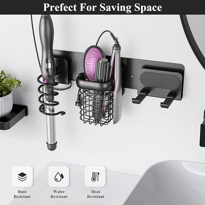 Tindbea Upgraded Aluminum Alloy Hair Dryer Holder Wall Mounted with Built-in Cord Wrap,3-in-1 Hair Tool Organizer for Blow Dryer, Curling Iron, and Straightener, Matte Black