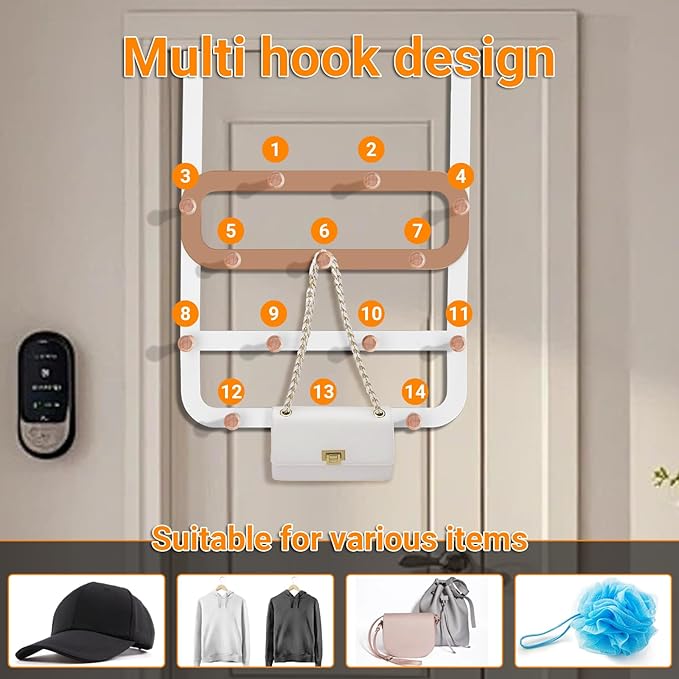 Over Door Hooks,with 14 Door Hooks-Suitable for Bedroom Living Room Bathroom,can Hang Clothes, Towels,Keys,Hats and Bags