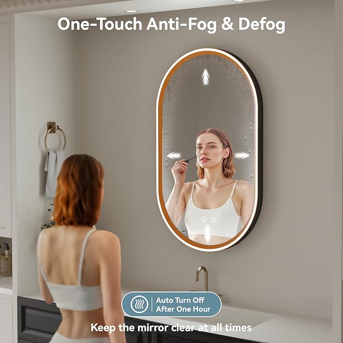 Led Bathroom Mirror with Lights, 24'' x 40'' Oval Heavy Duty Aluminum Frame Bathroom Vanity Mirror with Lights, 3 Colors, Brightness Stepless Dimmable, Anti-Fog, Memory Function, Single LED Orange