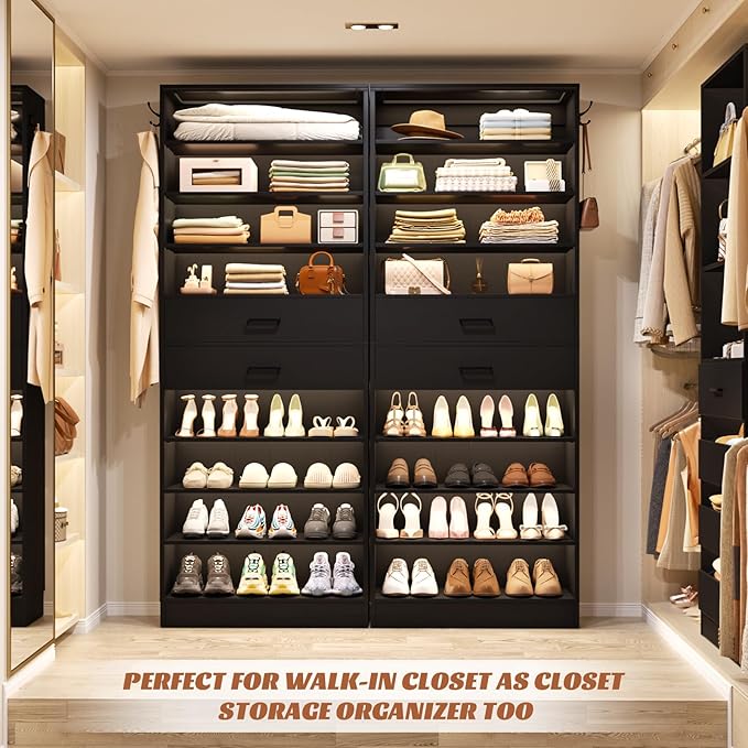 Aheaplus Tall Shoe Cabinet, 10 Tiers Wood Shoe Rack, Vertical Shoe Storage Organizer with 2 Drawers, Narrow Shoe Shelf Tower for 24-28 Pairs, Space Saving, for Closet, Entryway, Bedroom, Black