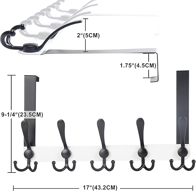 Dseap Over The Door Hook Hanger - Fits 1 3/8" to 1 3/4" Standard Doors | 5 Tri Hooks Heavy Duty Towel/Coat Rack | Door Organizer for Clothes, Jackets, Hats, Towels, White & Black, Pack of 2