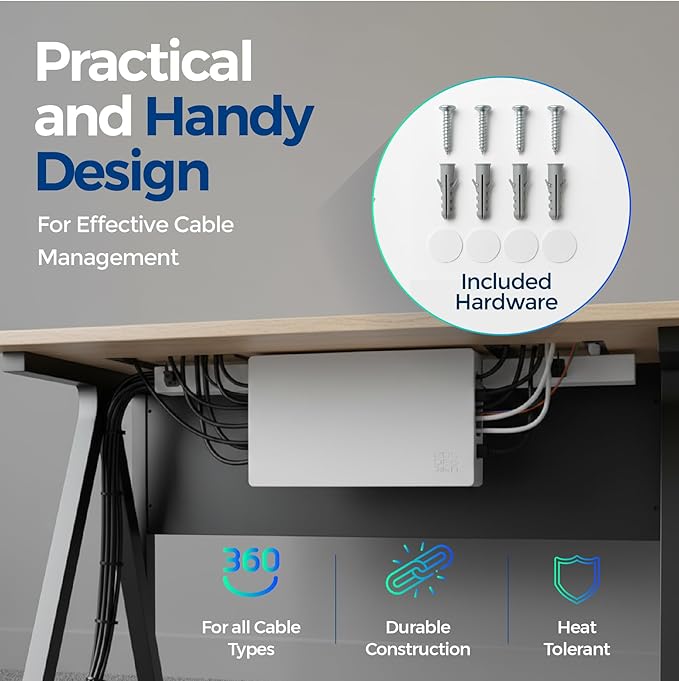 Cable Management Box with Included Mounting Hardware – ABS Cord Organizer (12,7 x 7,8 x 4,5 in) | Heat-Tolerant Power Strip & Cable Storage | Wall-Mountable or Floor Use