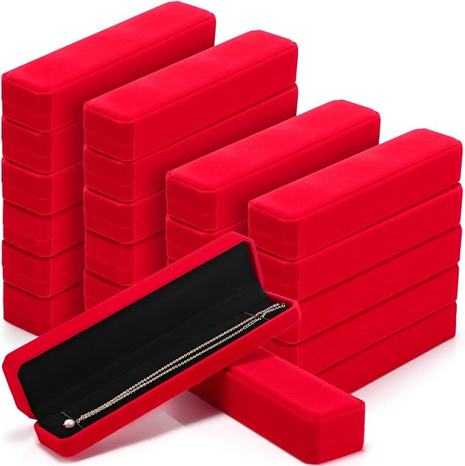 Batiyeer 24 Pcs Velvet Bracelet Box Bulk Jewelry Chain Necklace Box Bracelet Storage Case Long Jewelry Case for Valentine Wedding Pendant Display, 8.86 x 2.13 x 1.38 Inch(Red)