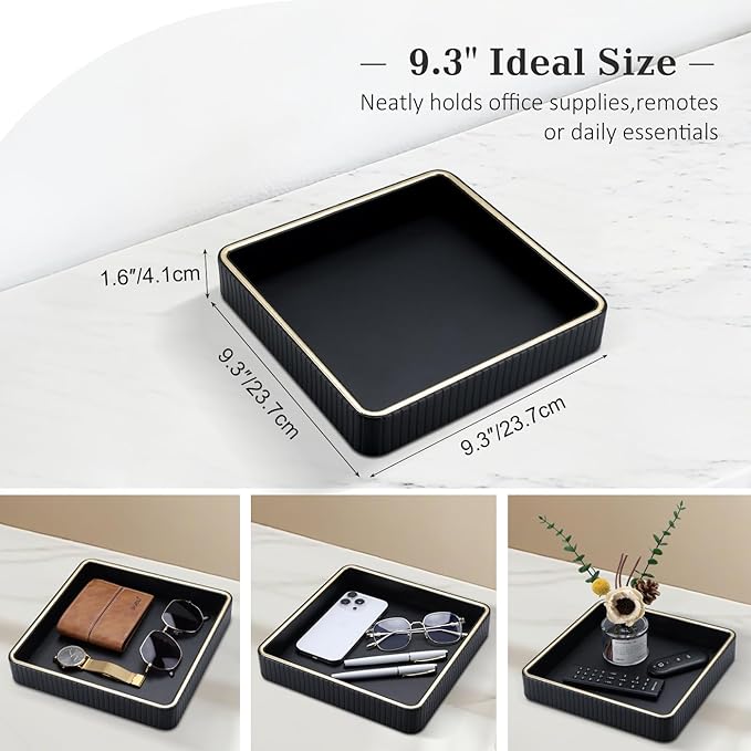GORESE Leather Valet Tray Nightstand Organizer, Square EDC Trays for Colognes Wallet Sunglasses, Key Dish Catch All Bowl Desk Tray, Gift for Men & Women, Black(9.3'' × 9.3'')