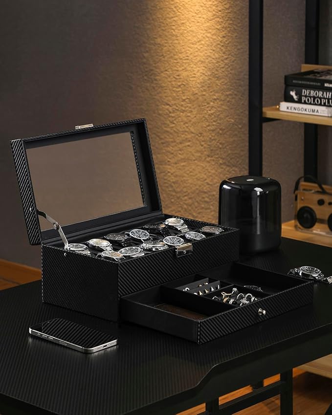 GUKA Watch Box, 12 Slot Watch Case, Watch Cases for men with Real Glass Lid, Synthetic Leather Watch Organizer storage with Jewelry Case, Birthday for Men and Women, Black, GK-012-BKCX