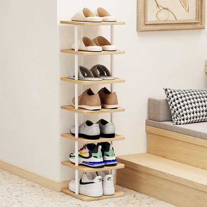 AZERPIAN Shoe Rack 7 Tier Vertical Storage Organizer Narrow Metal Slim Shelf Modern Free Standing Shoe Tower Saving Space for Closet Entryway Bedroom,White