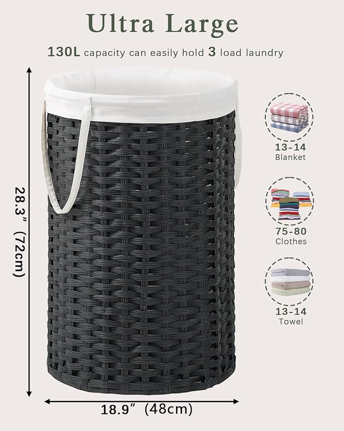 34.3 Gal (130 L) Large Laundry Hamper Laundry Basket Round Handwoven Wicker Laundry Baskets Rattan Laundry Basket with Removable Bag Handles 2 Mesh Bags for Living Room Bedroom Black (No Lid)