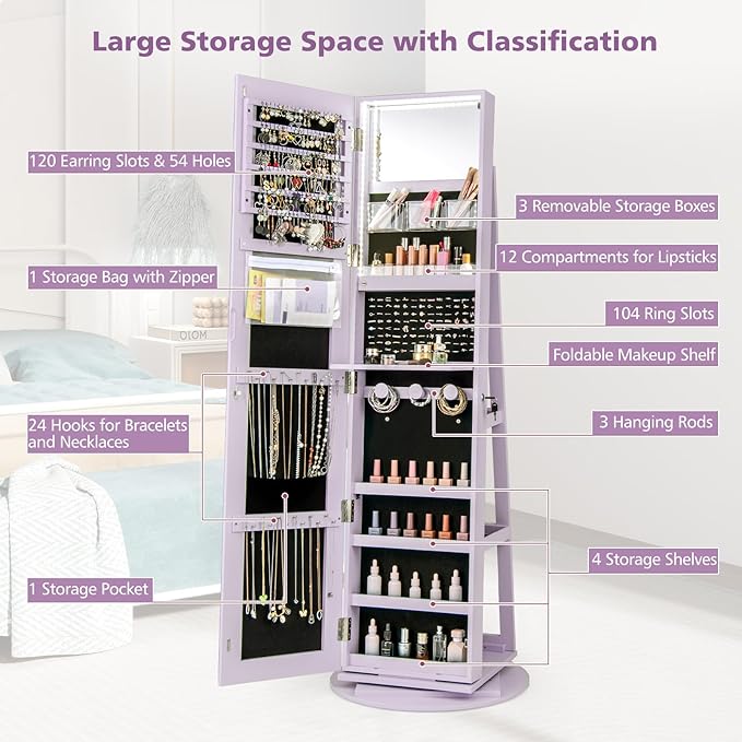 CHARMAID 360° Swivel Jewelry Armoire with Full Length Mirror, Rear Storage Shelves, Lockable Standing Jewelry Cabinet Organizer with Interior Vanity Mirror and 3-Color Lights (Lavender)