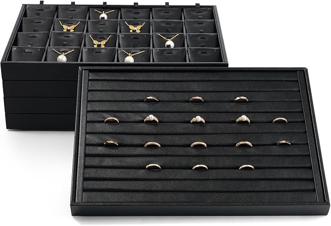 7 Slots Leather Jewelry Tray, Ring Display Tray, Earring Display Tray for Rings Earrings Coins Storage Display (Black)