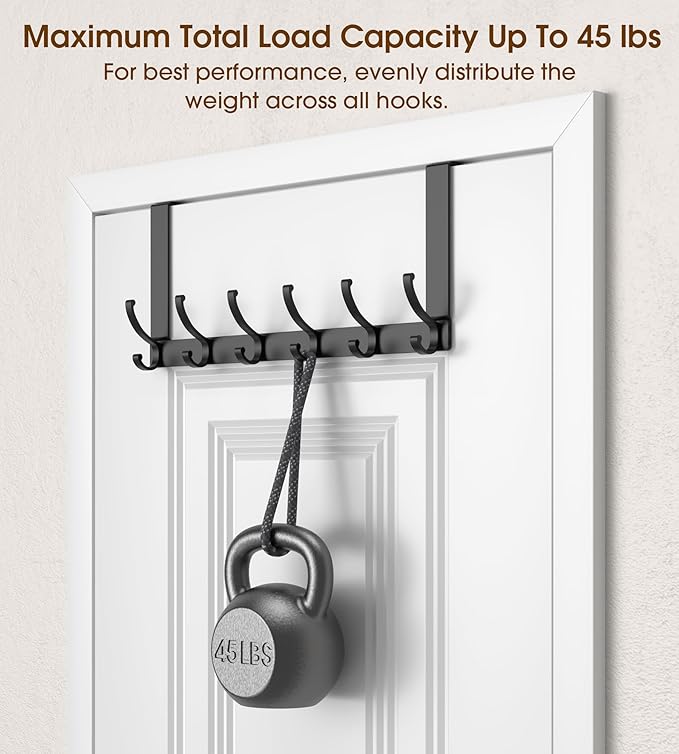 KitchLife Over The Door Hooks Hanger with 7 inches Extended Arms, Fits 1-3/8" Doors, F18U, Bathroom Towel Rack Organization, Thickened 6-Double Hook, Matte Black