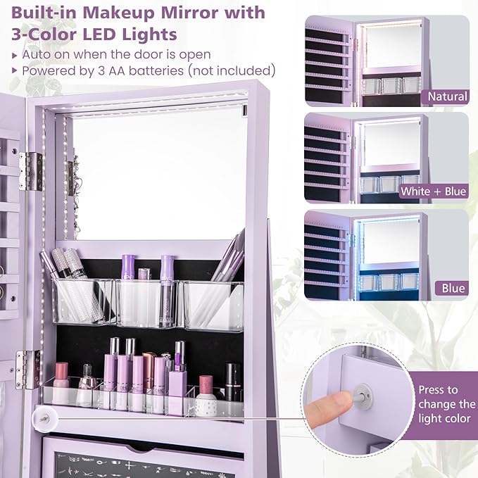 CHARMAID 360° Swivel Jewelry Armoire with Full Length Mirror, Rear Storage Shelves, Lockable Standing Jewelry Cabinet Organizer with Interior Vanity Mirror and 3-Color Lights (Lavender)