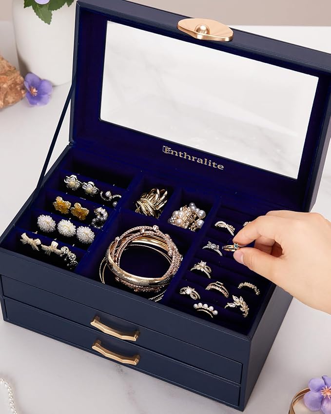 Jewelry Box with 2 Drawers: Display Organizer for Earrings Necklaces - Gifts for Girls Women (Dark Blue)