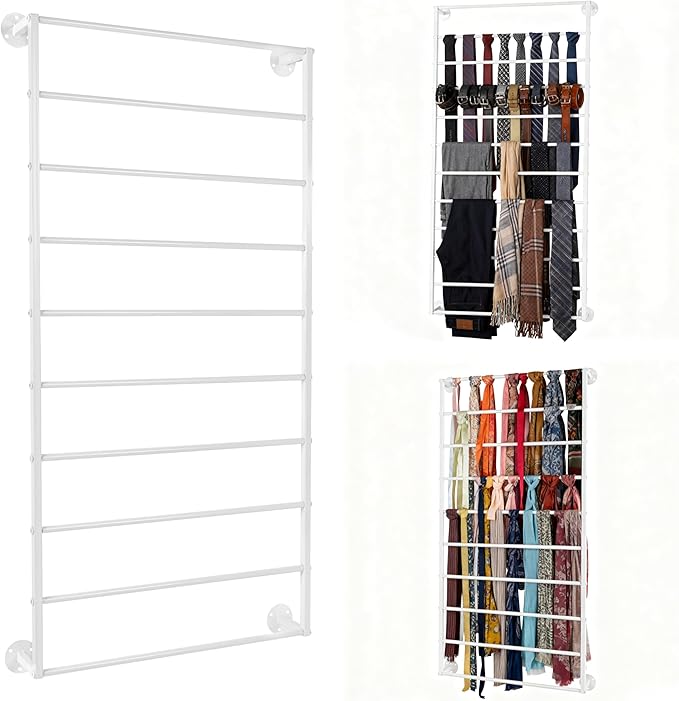10-Layer Wall Mounted Display Rack, Tie & Scarf Rack Belt Towel Holder Wrapping Paper Ribbon Organizer Scarves Belts Necktie Hijab Stand Metal Shelving for Home, Retail Stores, Flower Shop