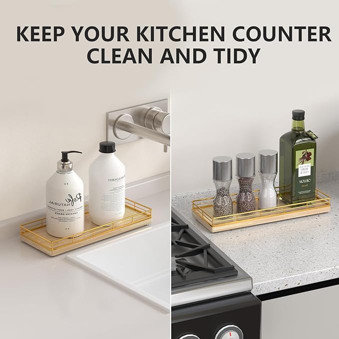 Bathroom Tray for Counter Top Organizer – Oak Wood Vanity Tray with Metal Frame for Dresser, Kitchen, Nightstand – Gold & Oak Decorative Storage