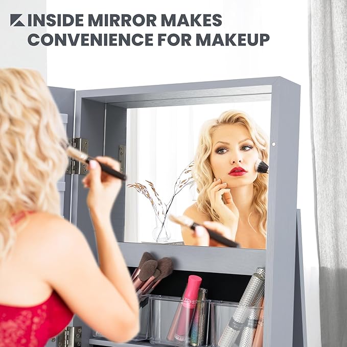 360° Swivel LED Mirror Jewelry Cabinet with Full Length Mirror, Lockable Floor Standing Mirrored Jewelry Armoire Organizer w/Inside Makeup Mirror & Back Storage Shelves, Space-Saving (Gray)