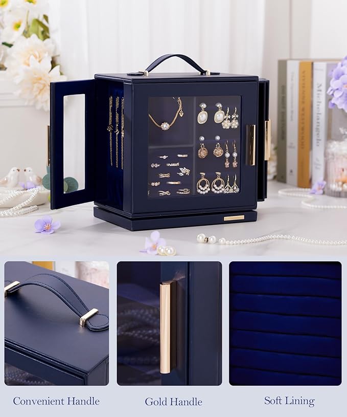 Homde Valentine's Day gifts Jewelry Box 360° Rotating, Necklace Earring Organizer with Transparent Window, Mirror, 7 Drawers, Large Ring Display Storage Case for Girls Women (Dark Blue)