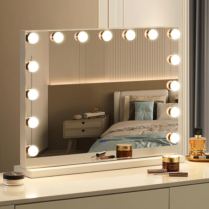 Hollywood Vanity Mirror with Lights, 23"x18" Lighted Makeup Mirror for Desk/Wall Mount, 15 Led Bulbs, 3 Lighting Modes for College Dorm, Bedroom & Dressing Room (White)